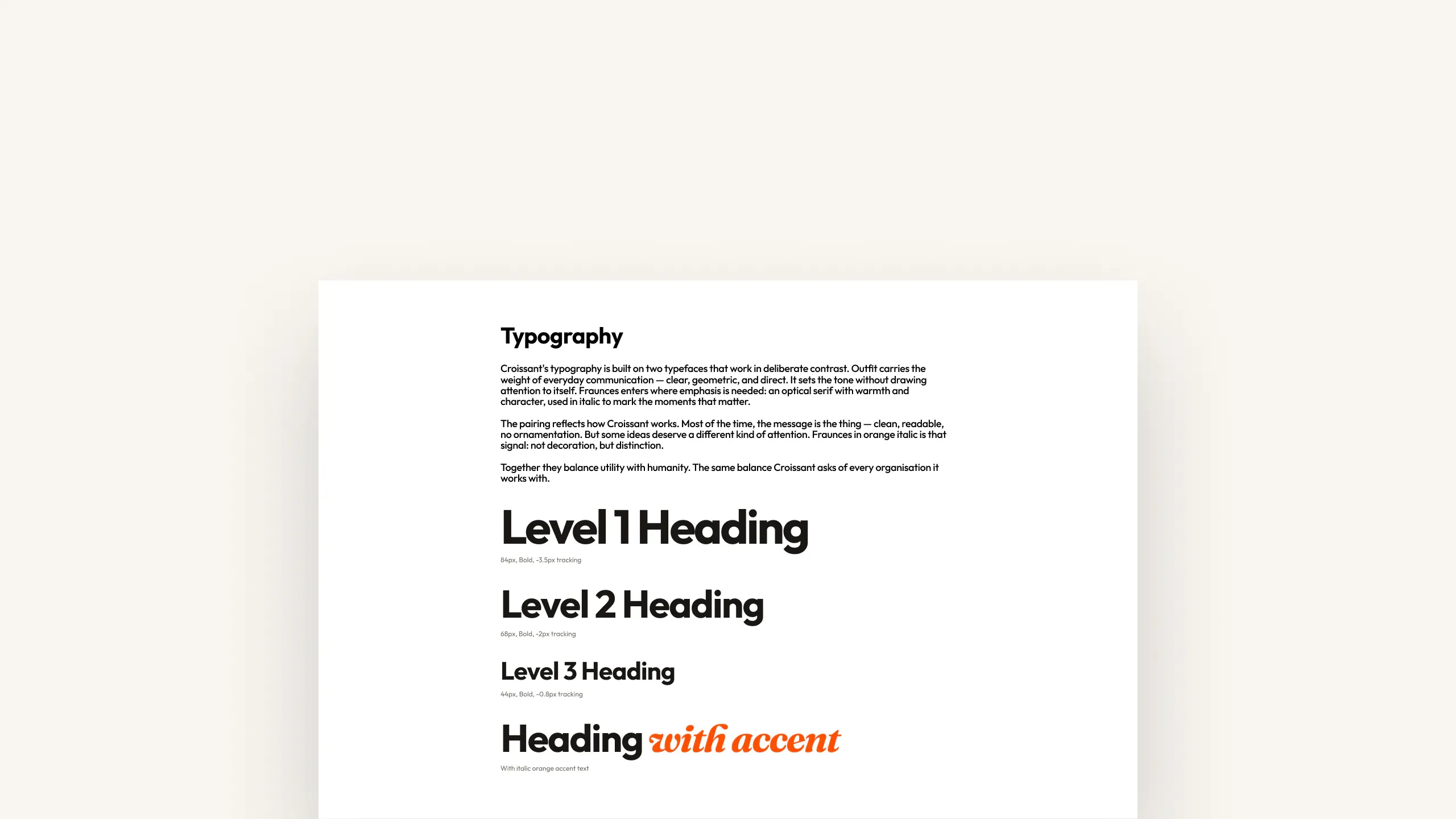 Typography specimen from the Bureau Croissant brand guidelines — heading hierarchy using Outfit and Fracture typefaces, with an orange italic accent on the lowest heading level