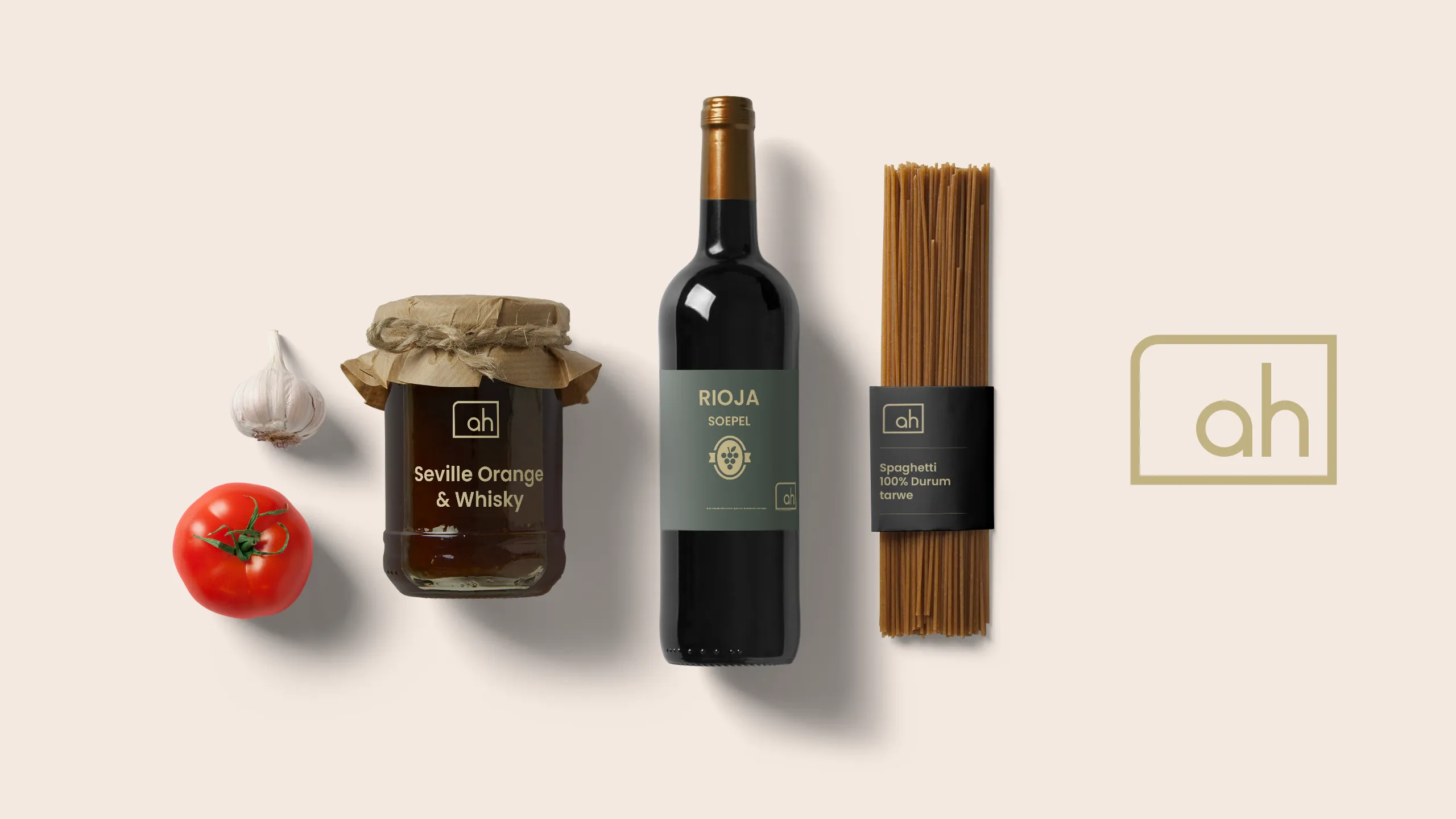 AH artisanal outcome B — the same three products with a clean lowercase 'ah' logo in a rounded square: a minimal, modern response to the same brief