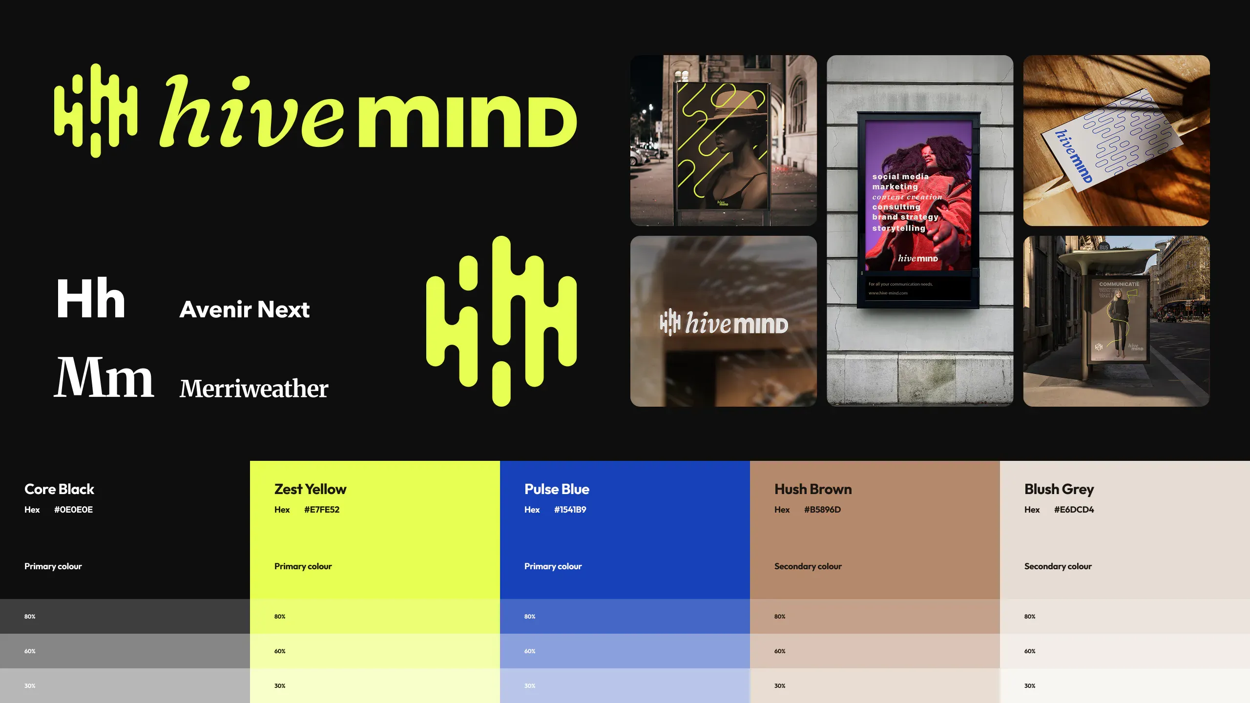 Hivemind brand identity overview — logo mark and wordmark, Avenir Next and Merriweather typefaces, five-colour palette, and a grid of applications including billboards and street posters, on a dark background
