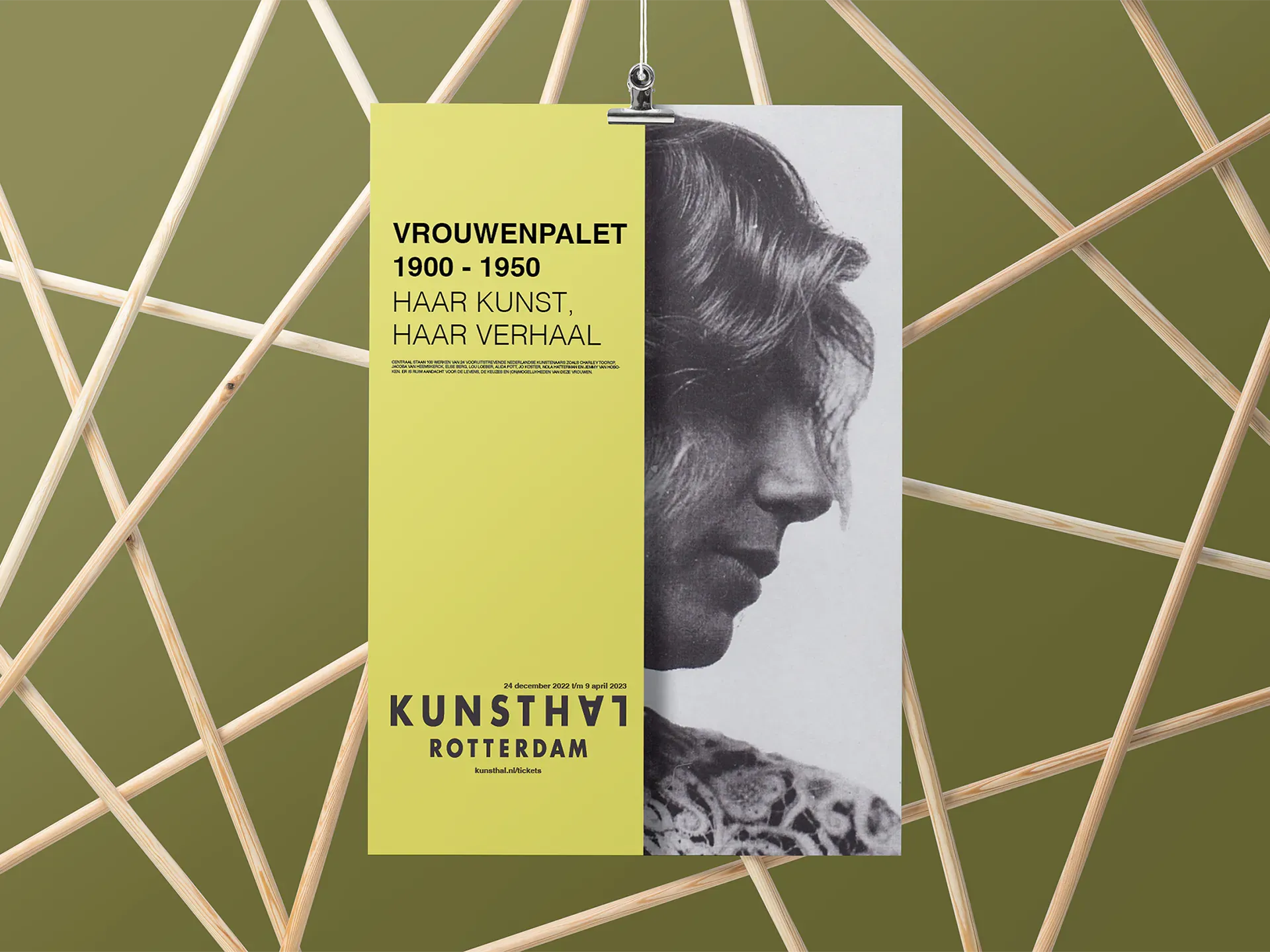 Vrouwenpalet 1900–1950 exhibition poster, version 1 — bold yellow left half with exhibition title in uppercase, right half a black-and-white profile portrait of a woman, hung on a sage green background