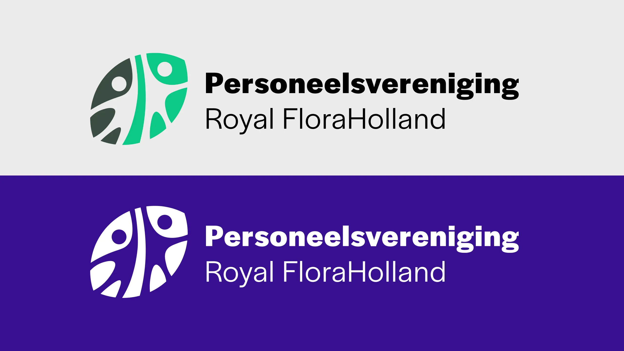 The chosen logo in final application — 'Personeelsvereniging Royal FloraHolland' with the two-tone green mark on light grey, and the inverse white mark on purple