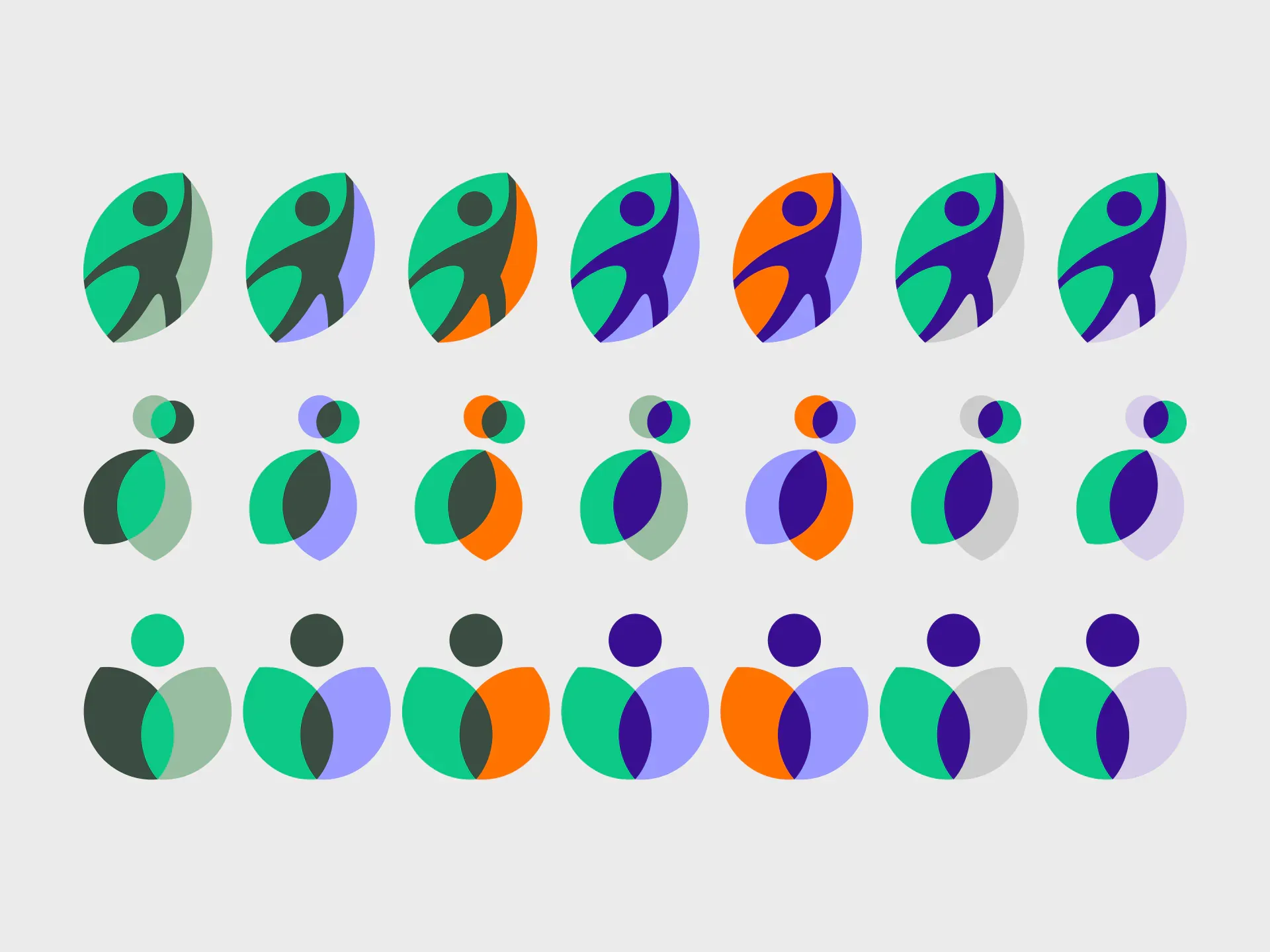 Colour exploration — twenty-one variations of three logo marks tested across seven colour combinations, showing the full range of identity options