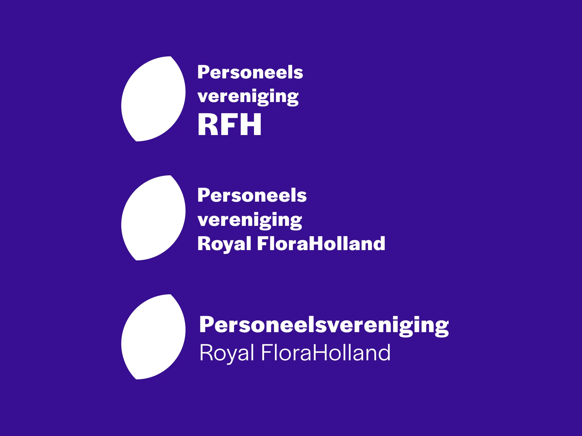 Layout explorations — three 'Personeelsvereniging Royal FloraHolland' lockup variations on deep purple, exploring different text and symbol arrangements