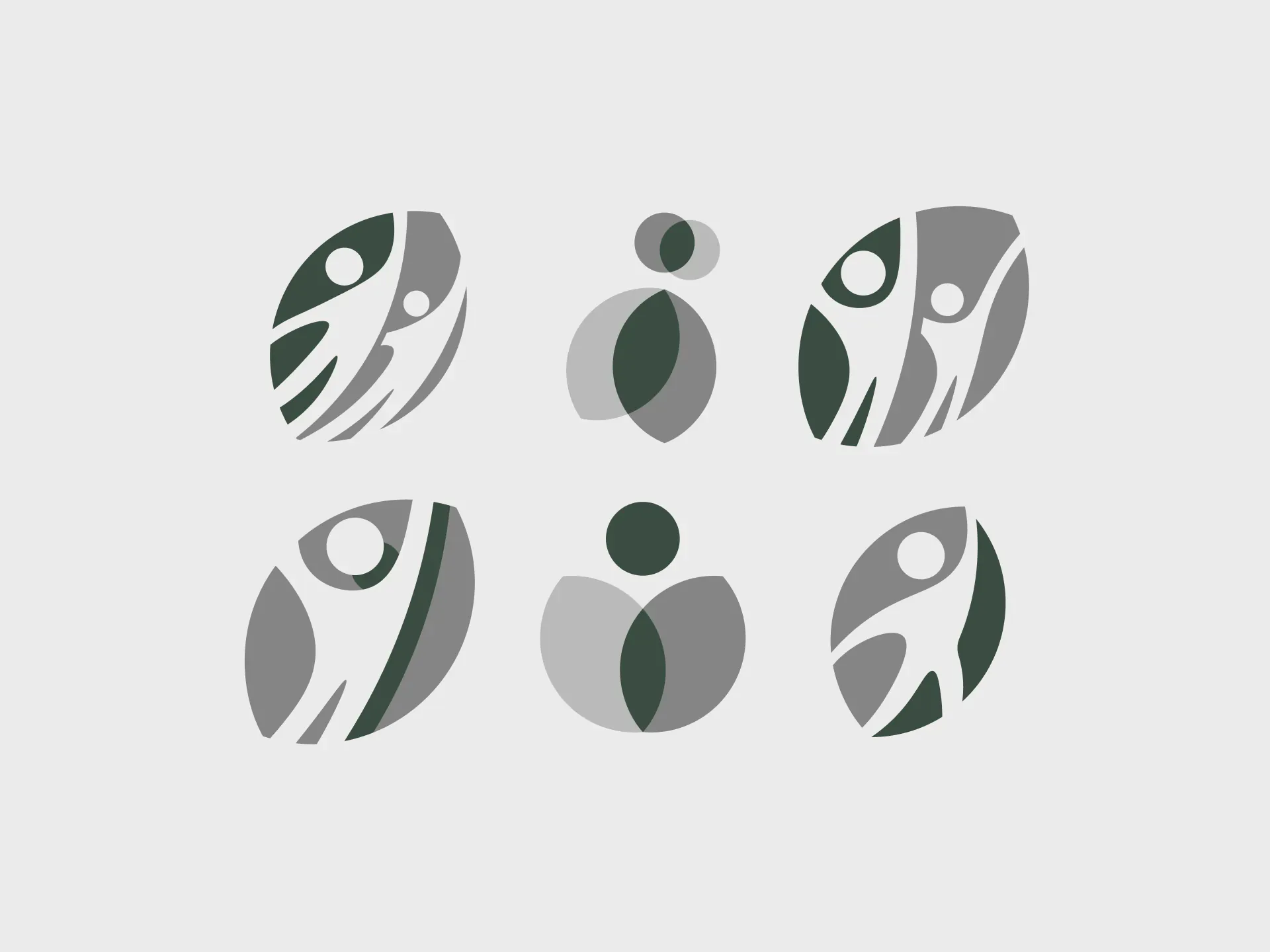 Six refined logo concepts in forest green and grey — filled forms exploring the intersection of growth, bloom, and human figure
