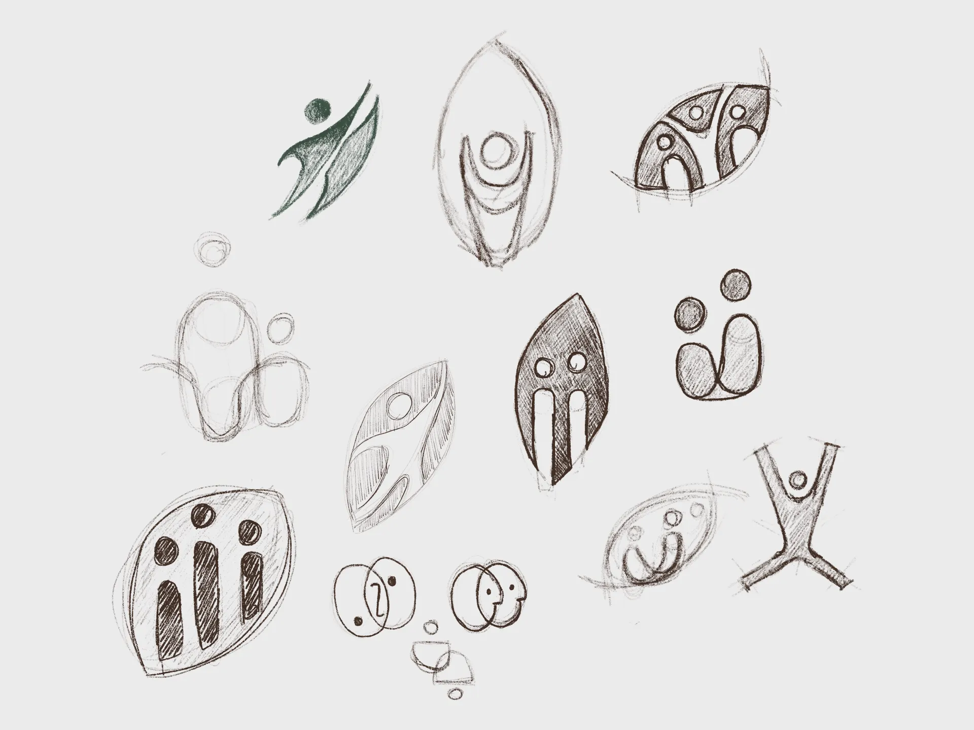 Hand-sketched logo explorations — pencil drawings across different directions, from figurative marks to botanical forms and abstract combinations