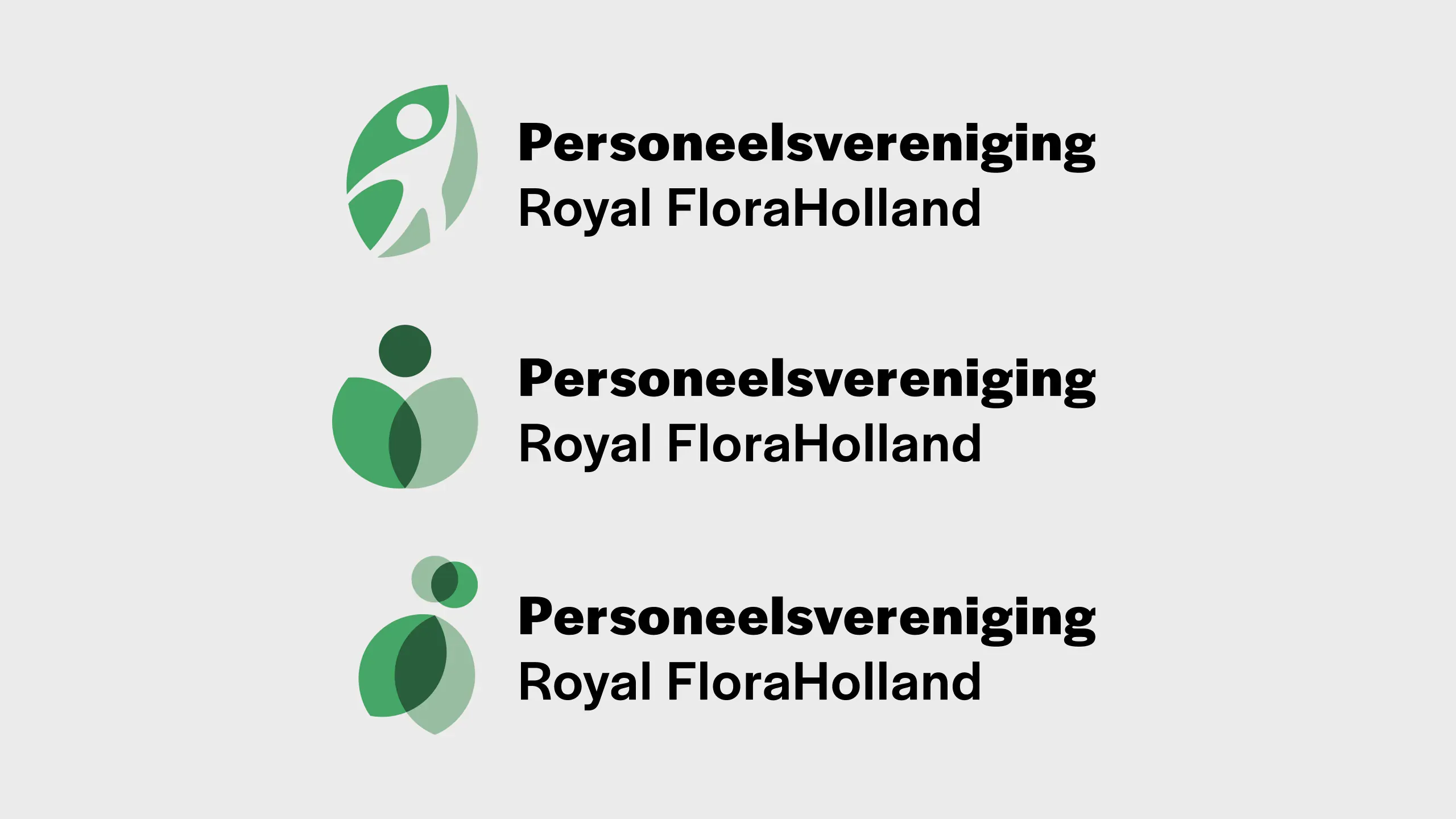 The preferred concept lockups — three 'Personeelsvereniging Royal FloraHolland' variations in green on light grey, each with a different filled-form mark from the designer's proposal