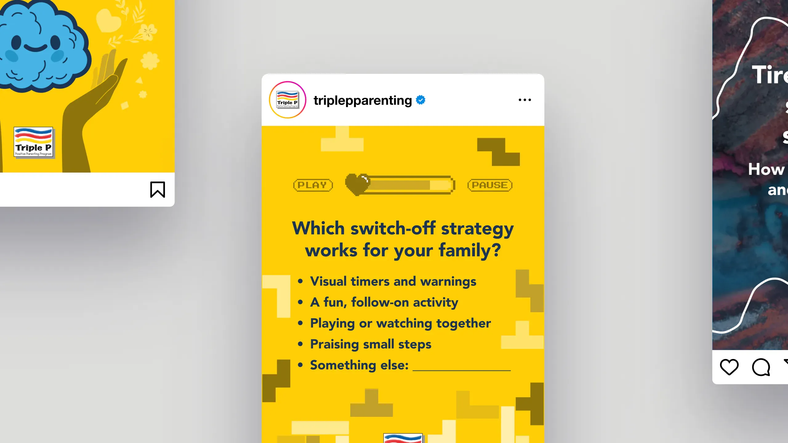 Close-up of the screen time campaign's closing tile — pixel graphics and retro game logic break the visual register with bold yellow