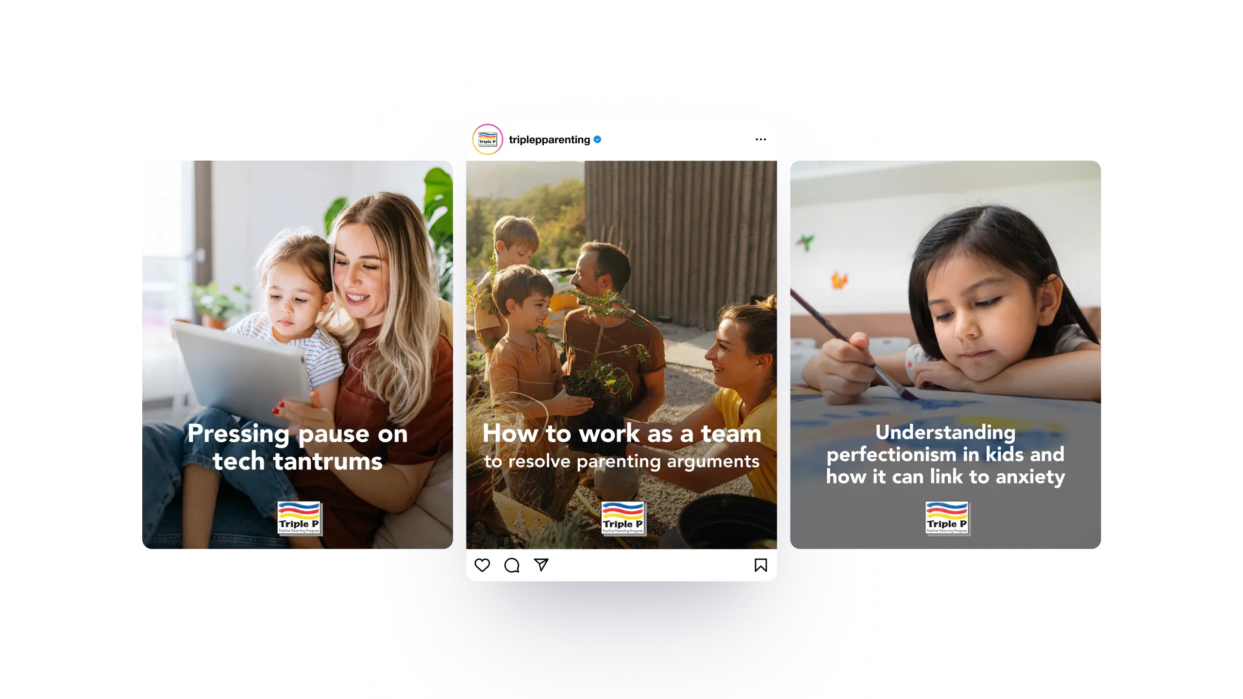 Three campaign cover tiles — mother and child with tablet, family outdoors, girl painting — anchoring each campaign in a universal human act